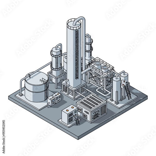 Isometric illustration of a modern industrial chemical processing plant with distillation towers, storage tanks, and processing units.