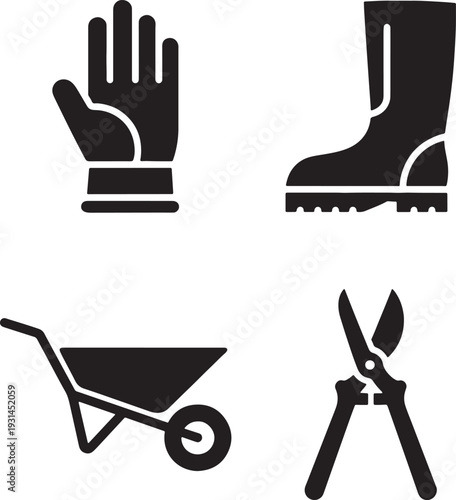 Gardening and landscaping tools and protective gear icons