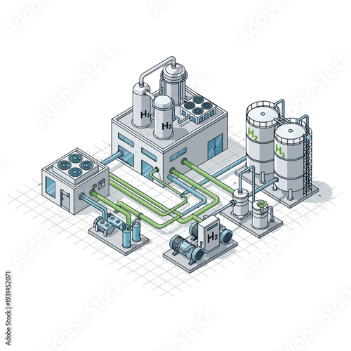 Isometric illustration of a modern hydrogen production and storage facility, showcasing advanced industrial infrastructure and clean energy technology.