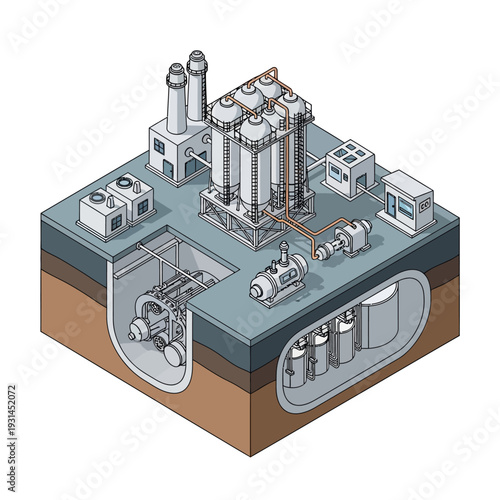 Isometric illustration of a nuclear power plant's internal structure and components, showcasing its complex engineering and operational layout.