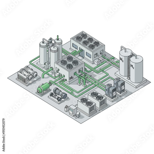 Isometric illustration of a modern industrial facility for hydrogen production and storage, featuring advanced equipment and infrastructure.