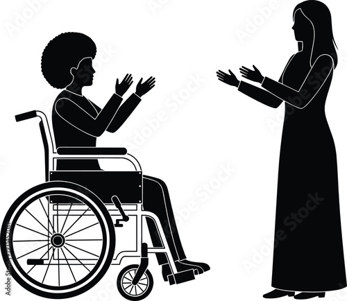 Woman in wheelchair communicating with standing woman silhouette isolated on white background inclusion concept vector illustration
