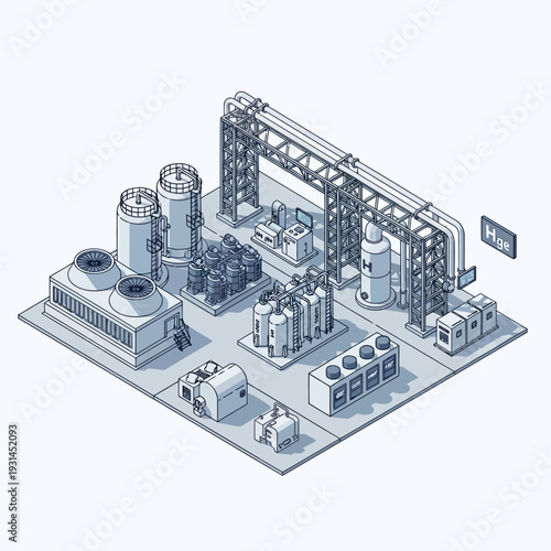 Isometric illustration of a modern industrial plant with cooling towers, storage tanks, and processing equipment.