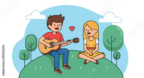Young Man Playing Guitar and Singing for His Girlfriend in the Park
