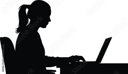 Woman working on laptop silhouette side view isolated on white background modern office lifestyle vector illustration