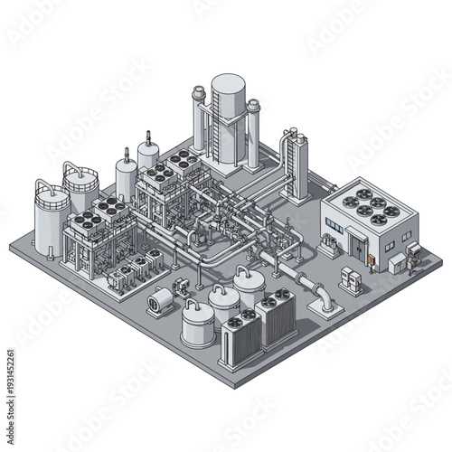 Isometric illustration of a complex industrial plant with various tanks, pipes, and cooling units, representing a sophisticated manufacturing or processing facility.