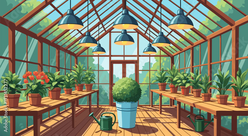 Vibrant vector illustration of a lush greenhouse filled with potted plants and gardening tools, illuminated by overhead lights
