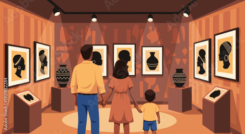 African culture and heritage exhibition vector illustration family enjoying museum art display