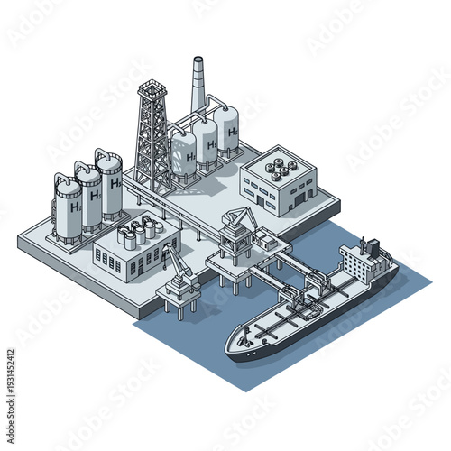 Illustration of an industrial facility for hydrogen production and export, featuring storage tanks, processing units, and a ship for transportation.