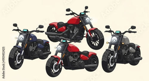 Collection of Modern Cruiser Motorcycles Displayed Together.