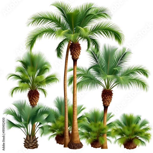 Set of Sabal palmetto (also known as cabbage palm, cabbage palmetto, sabal palms, wamp cabbage) frontal palms set isolated png on a transparent background perfectly cutout