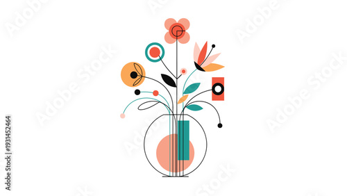 Artistic stylized bouquet of colorful geometric flowers arranged in a round glass vase is isolated on a plain white background as an icon.
