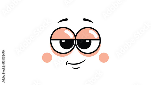 Friendly cartoon face with rosy cheeks and half closed eyes expresses a calm and content emotion on a clean white background.