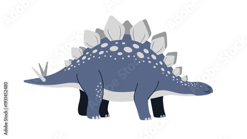Simple cartoon illustration of a blue stegosaurus dinosaur with gray plates along its back is isolated on a clean white background.
