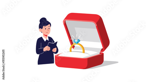 Happy woman standing next to a giant red jewelry box displaying a sparkling diamond engagement ring on a plain white background.