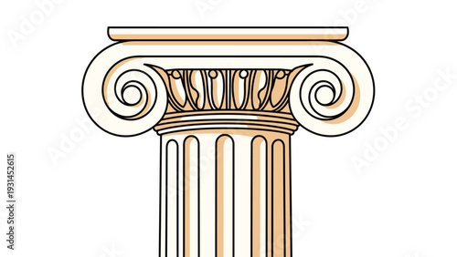 Detailed illustration of an ancient Greek or Roman Ionic column capital featuring classic scroll designs and warm beige tones.
