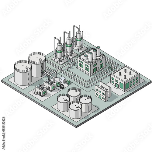 Isometric illustration of a complex industrial chemical processing plant with storage tanks, distillation columns, and various buildings.