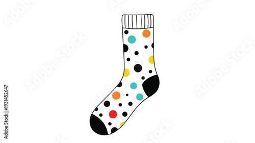 Patterned white sock with colorful polka dots in yellow orange blue and red with a solid black heel and toe on a white background.