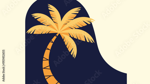 Stylized palm tree silhouette with golden yellow fronds against a dark blue curved backdrop and cream colored surrounding space.