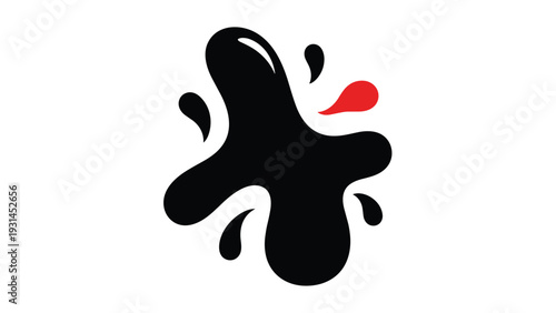Large black ink splash or paint splatter with small droplets and one distinct red drop isolated on a plain white background.