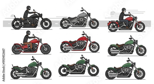 Collection of diverse motorcycle illustrations with riders.