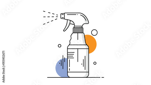 Plastic spray bottle illustration with a trigger handle emitting a fine mist against a backdrop of colorful circles and lines.