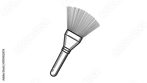 Artistic fan brush illustration with fine bristles and a wooden handle depicted in a detailed black and white etching or line art style.