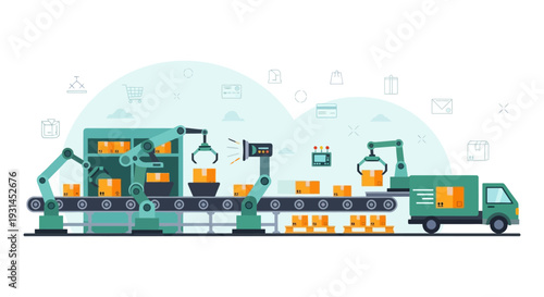 Automated Logistics & Supply Chain: Robotic Factory with Conveyor Belt, Packing, and Delivery Truck. Modern E-commerce Fulfillment & Industrial Automation.