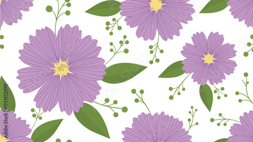 Seamless floral pattern with large purple cosmos flowers and green leaves scattered across a white background for fabric design.