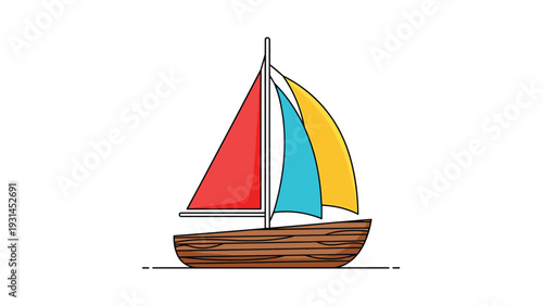 Traditional wooden sailboat with three vibrant sails in red blue and yellow colors moving across a simple horizon on white background.