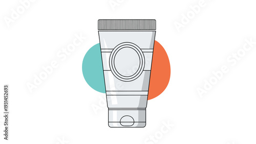 Plastic tube of facial cream or sunblock presented against a modern background of teal and orange circular shapes on white.