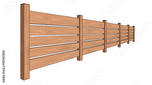 Perspective view of a long wooden ranch style fence recedes into the distance to illustrate farm boundaries or rural property ownership lines.