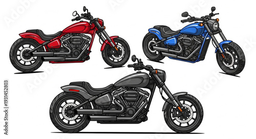 Three modern custom cruiser motorcycles in red blue and black.