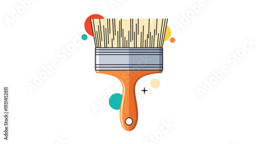 Large flat paint brush with light bristles and orange handle is surrounded by colorful abstract circles signifying art and house painting.