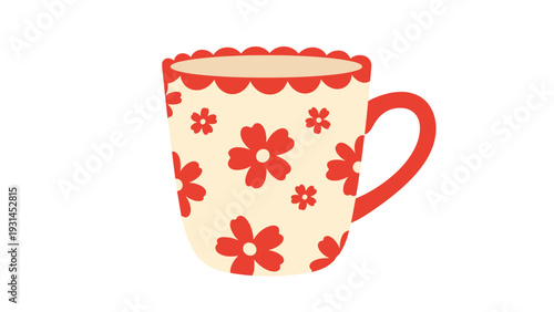 Charming cream colored ceramic mug decorated with a cheerful red flower pattern and a scalloped rim serves as a cozy kitchen accessory.