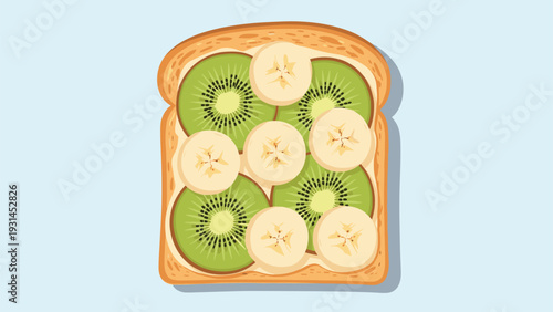 Healthy breakfast toast topped with sliced green kiwi and banana rounds offers a nutritious and visually appealing meal on a blue background.
