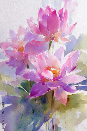  Watercolor pink lotus flowers botanical illustration with purple accents on paper background