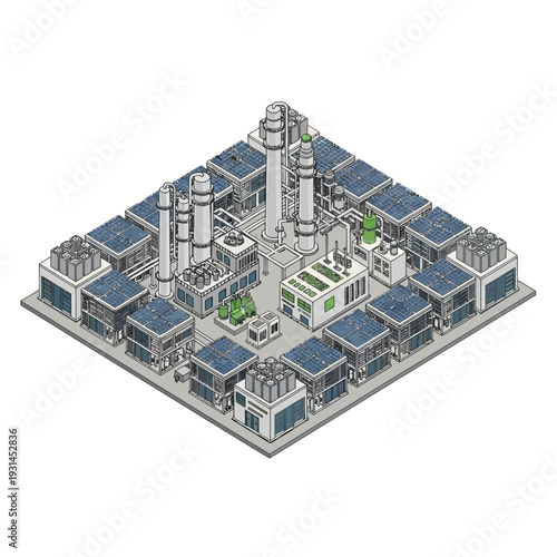 Isometric illustration of a futuristic, sustainable industrial complex powered by solar energy and featuring advanced technological infrastructure.