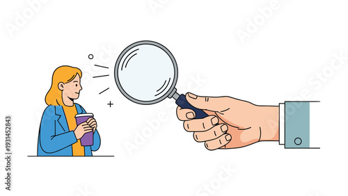 Magnifying glass held by a large hand focuses on a woman holding a coffee cup to represent search, inspection, or finding the right person.
