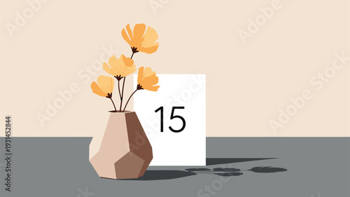 Modern geometric vase holding yellow spring flowers sits next to a white card displaying the number fifteen for table seating arrangements.