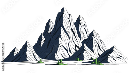 Majestic mountain peaks rendered in a high contrast blue and white style tower over a flat desert landscape dotted with small green cacti.