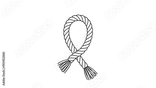 Simple black and white line drawing depicts a loop of thick hemp rope with frayed ends as an isolated graphic for nautical or western themes.