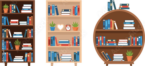 Bookshelf Collection Vector Illustration with Wooden Bookcases Filled with Books Plants and Home Decor Elements Set