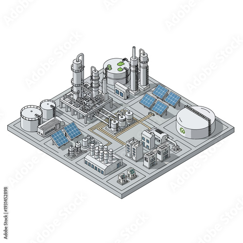 An isometric illustration of a modern industrial complex featuring advanced processing units, storage tanks, and integrated solar panels for renewable energy generation.
