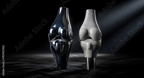 Two artificial knee joint implants one polished chrome one textured gray on dark background knee implant