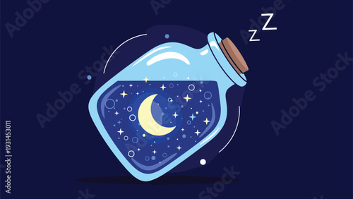 Whimsical illustration of a glass bottle containing a crescent moon and starry night sky against a dark blue background.