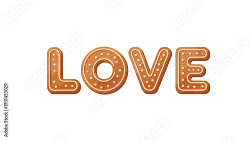 Word love written in the style of decorated gingerbread cookies with white icing details on a plain white background.