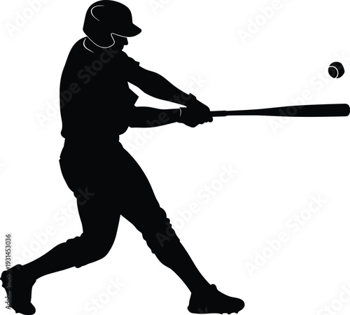 Baseball player silhouette, bat swing moment, helmeted hitter, black vector illustration, sports action, dynamic pose, ball contact, athletic motion