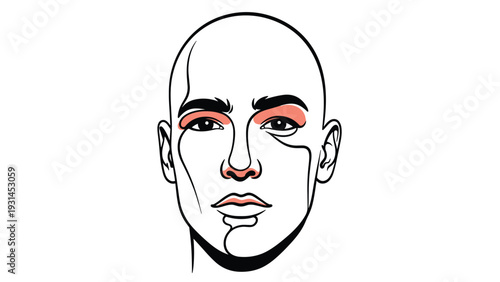 Minimalist line art portrait of a human face with subtle pink accents on the eyes nose and lips against a white background.