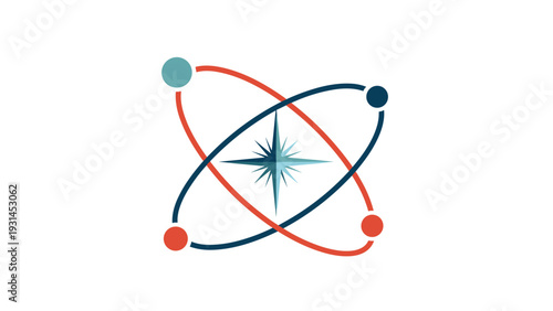Stylized atomic model graphic with a central starburst and orbiting spheres in muted blue and orange tones on a white background.